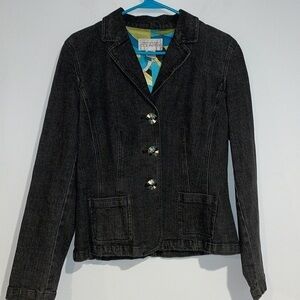 Jones, New York country black denim Jean jacket with art deco buttons size 6